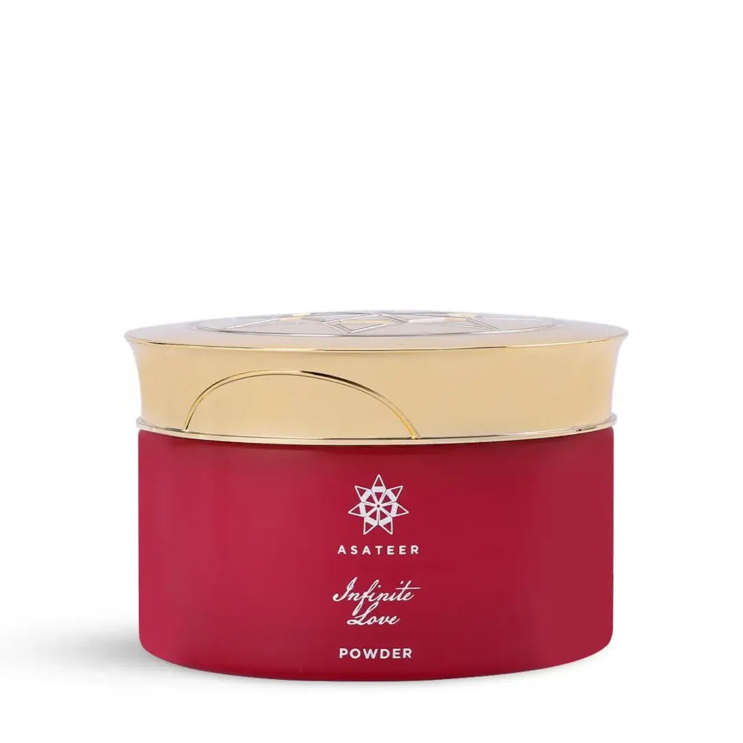 Red 'Infinite Love Scented Body Powder' container with gold lid featuring 'Asateer' brand on a white background