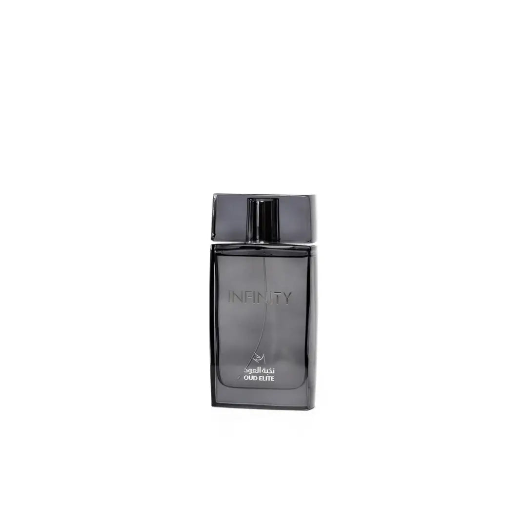 'Infinity Black' perfume bottle in a white background with 'Oud Elite' branding