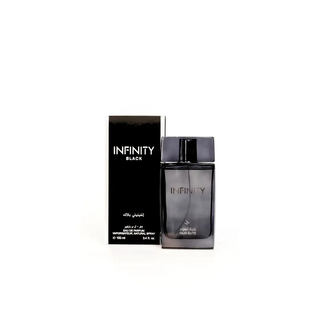 'Infinity Black' perfume bottle & packaging in a white background with 'Oud Elite' branding