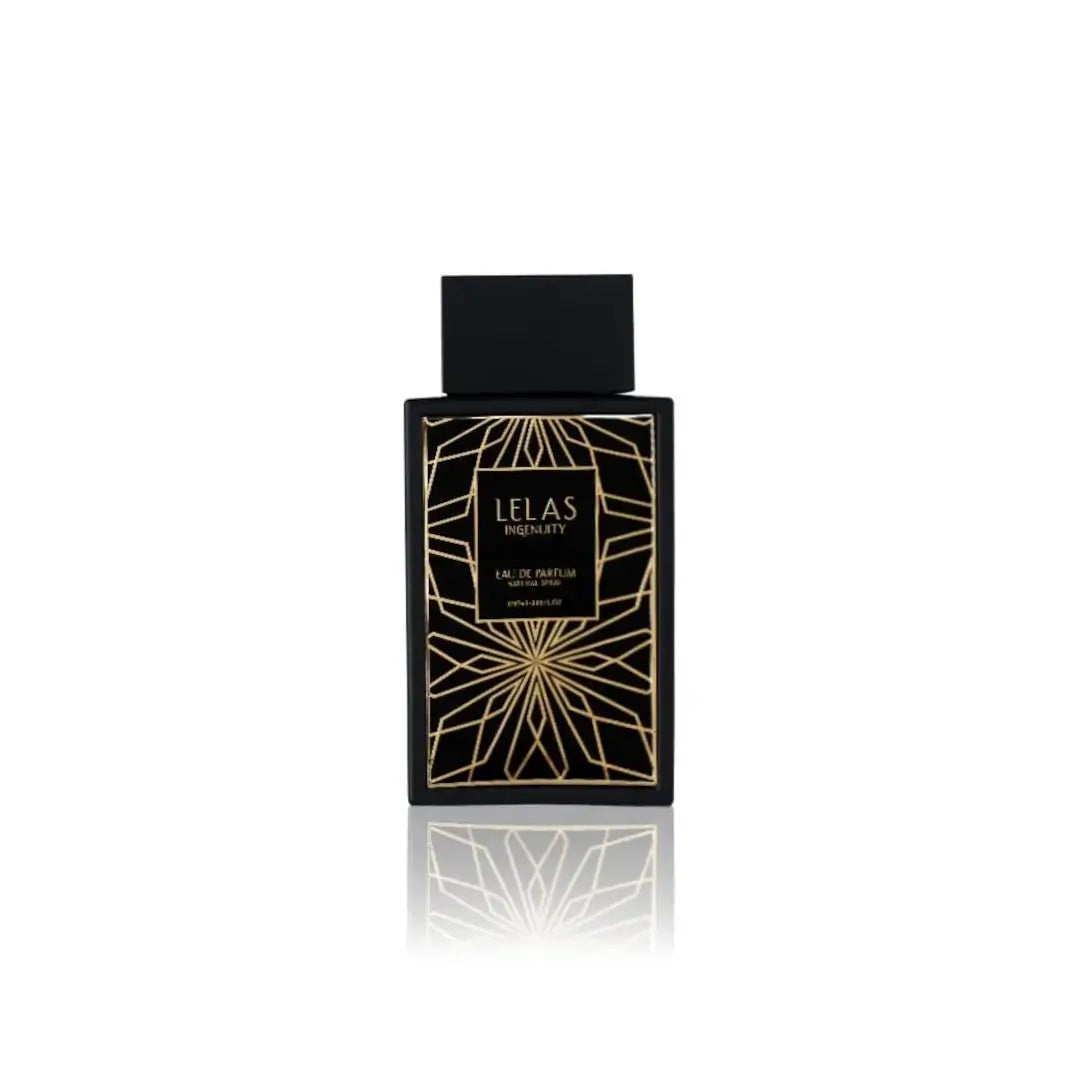 'Ingenuity' Black and gold perfume bottle with 'LELAS' branding on a white background