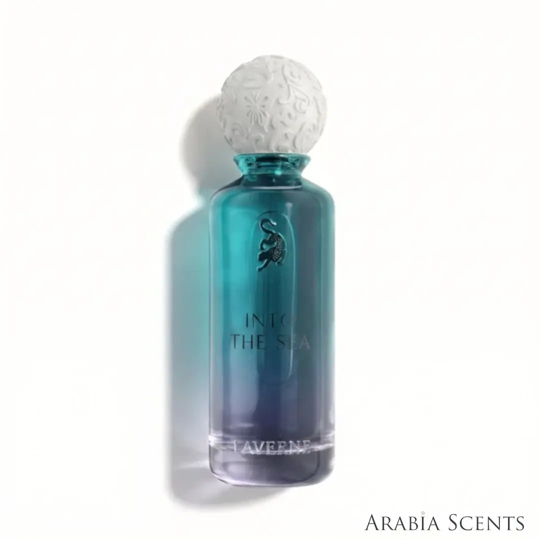 'Into The Sea' perfume bottle on a white background with 'Laverne' branding featured by 'Arabiascents'