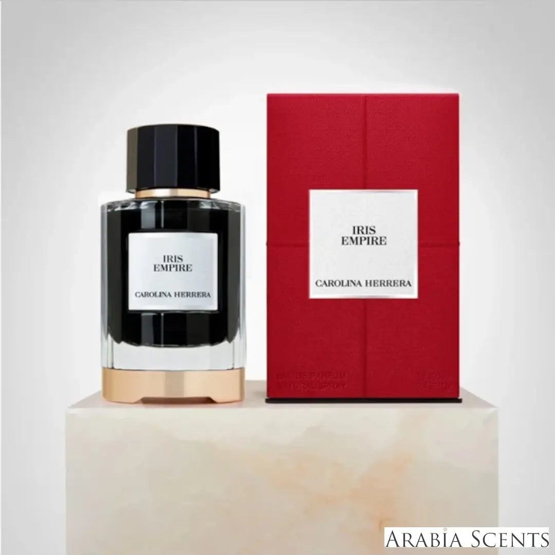 'Iris Empire' perfume bottle & packaging  with 'Carolina Herrera' branding featured by 'Aabiascents'