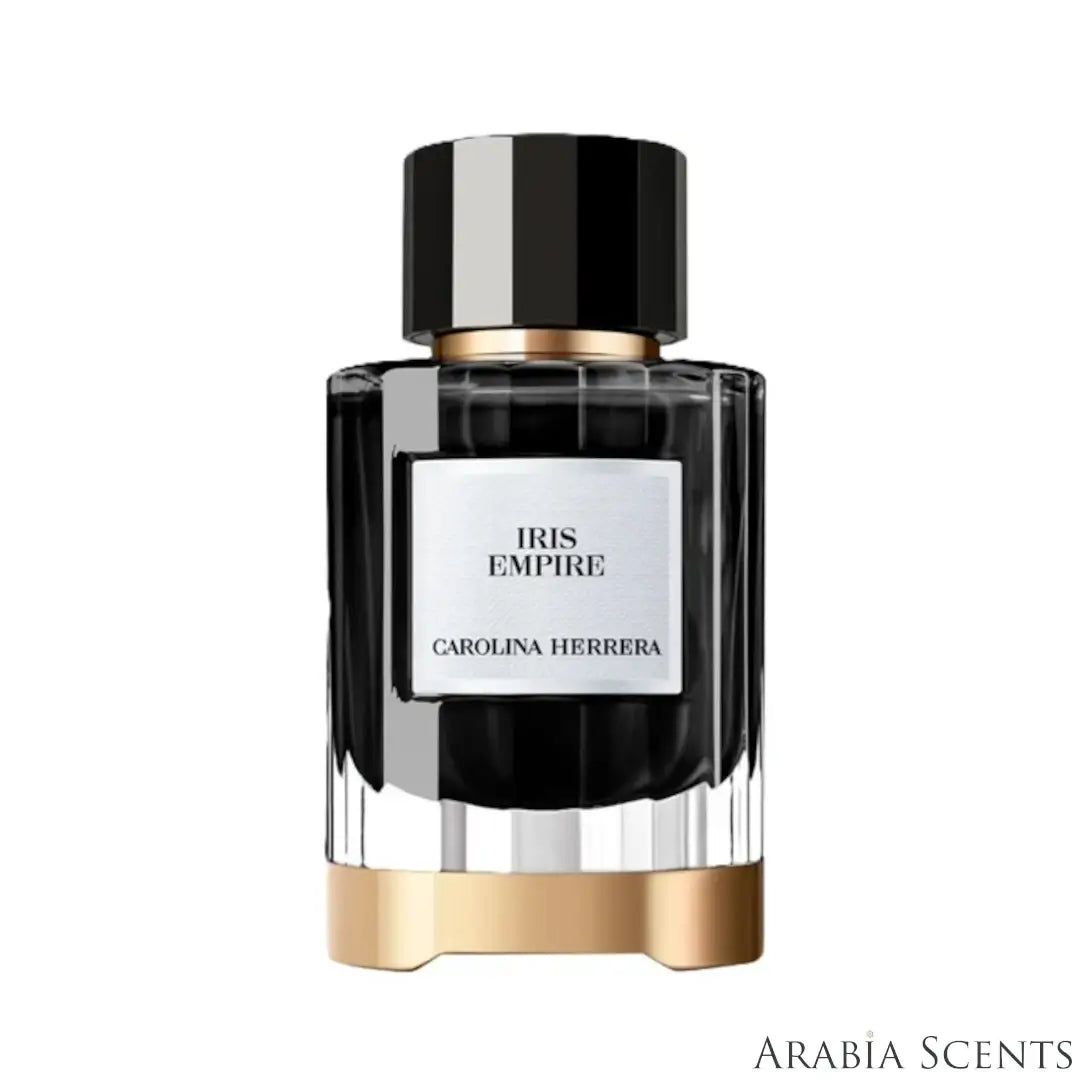 'Iris Empire' perfume bottle on a white background with 'Carolina Herrera' branding featured by 'Aabiascents'