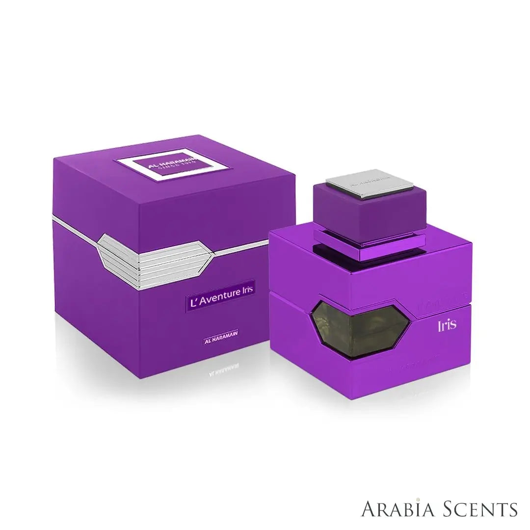 'Iris L'Aventure' perfume bottle & packaging on a white background with 'Al Haramain' branding featured by 'Arabiascents'