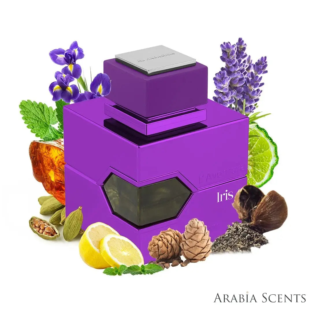 'Iris L'Aventure' perfume bottle with notes on a white background with 'Al Haramain' branding featured by 'Arabiascents'