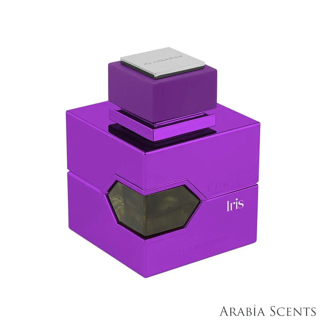 'Iris L'Aventure' perfume bottle on a white background with 'Al Haramain' branding featured by 'Arabiascents'