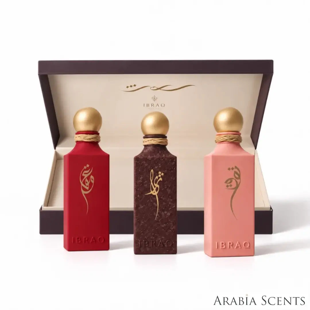 'Irth Collection 2' set perfume bottles & packaging on a white background with 'IBRAQ' branding featured by 'Arabiascents'