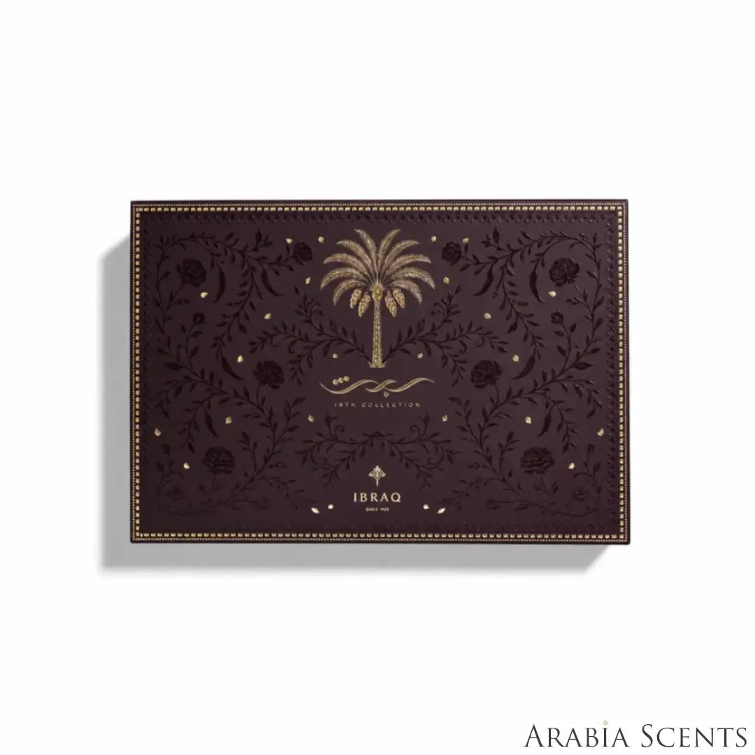'Irth Collection 2' set packaging on a white background with 'IBRAQ' branding featured by 'Arabiascents'