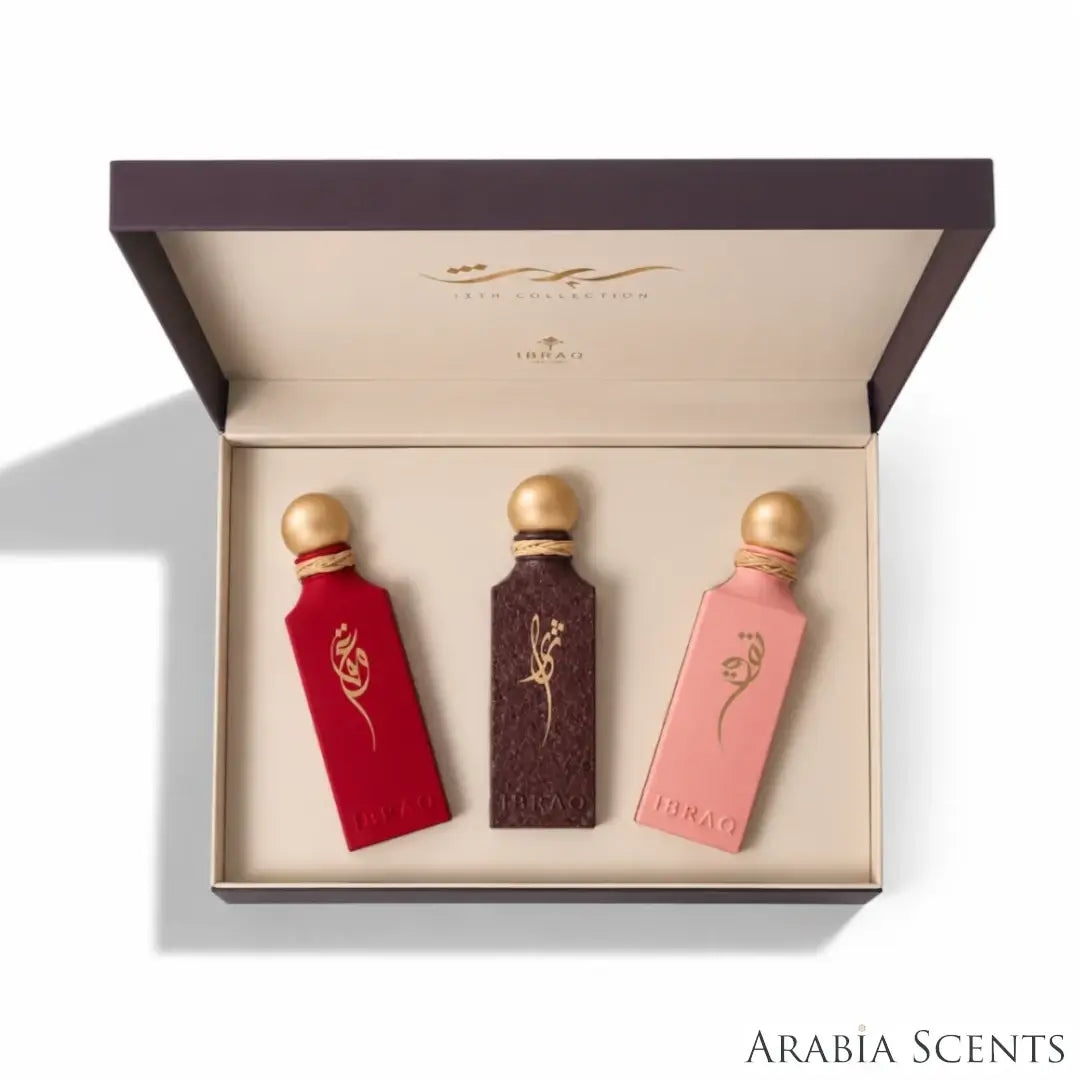 'Irth Collection 2' set perfume bottles & packaging on a white background with 'IBRAQ' branding featured by 'Arabiascents'
