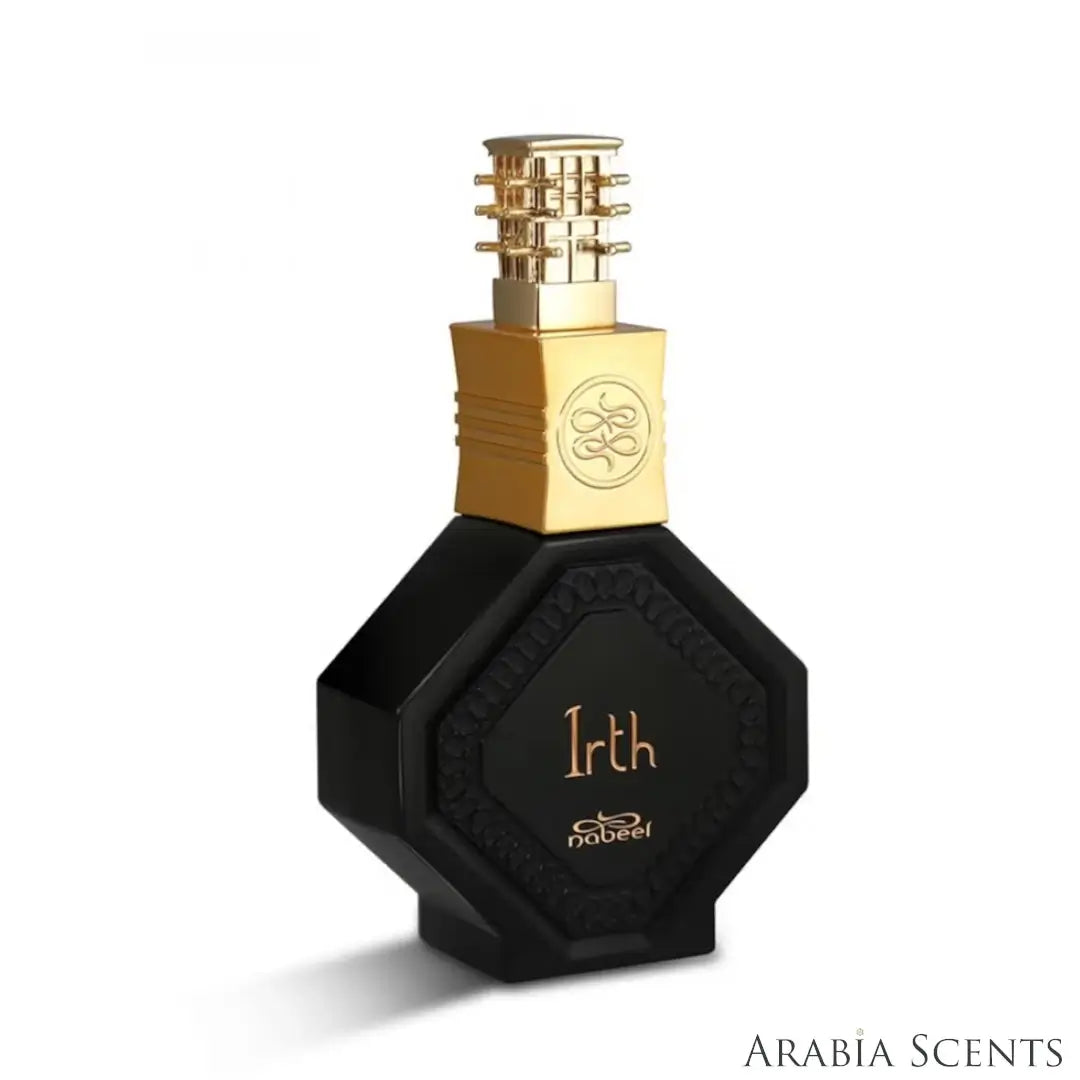 'Irth' perfume bottle on a white background with 'Nabeel' branding featured by 'Arabiascents'