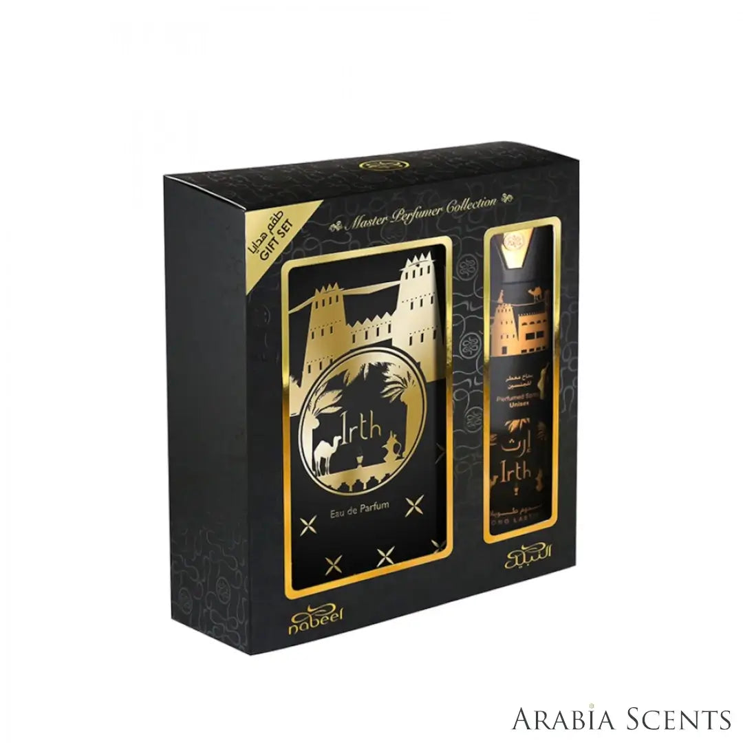 'Irth Gift Set' perfume bottles & packaging on a white background with 'Nabeel' branding featured by 'Arabiascents'