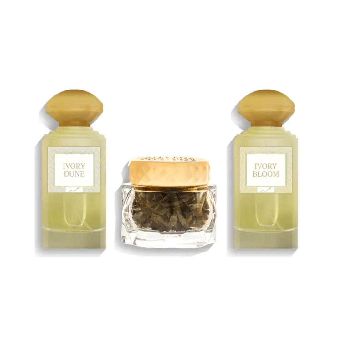 Ivory Collection labeled 'Ivory Dune', 'Ivory Bloom', and 'Mamool Al Manzil' with wooden top on a white background with 'Junaid' branding