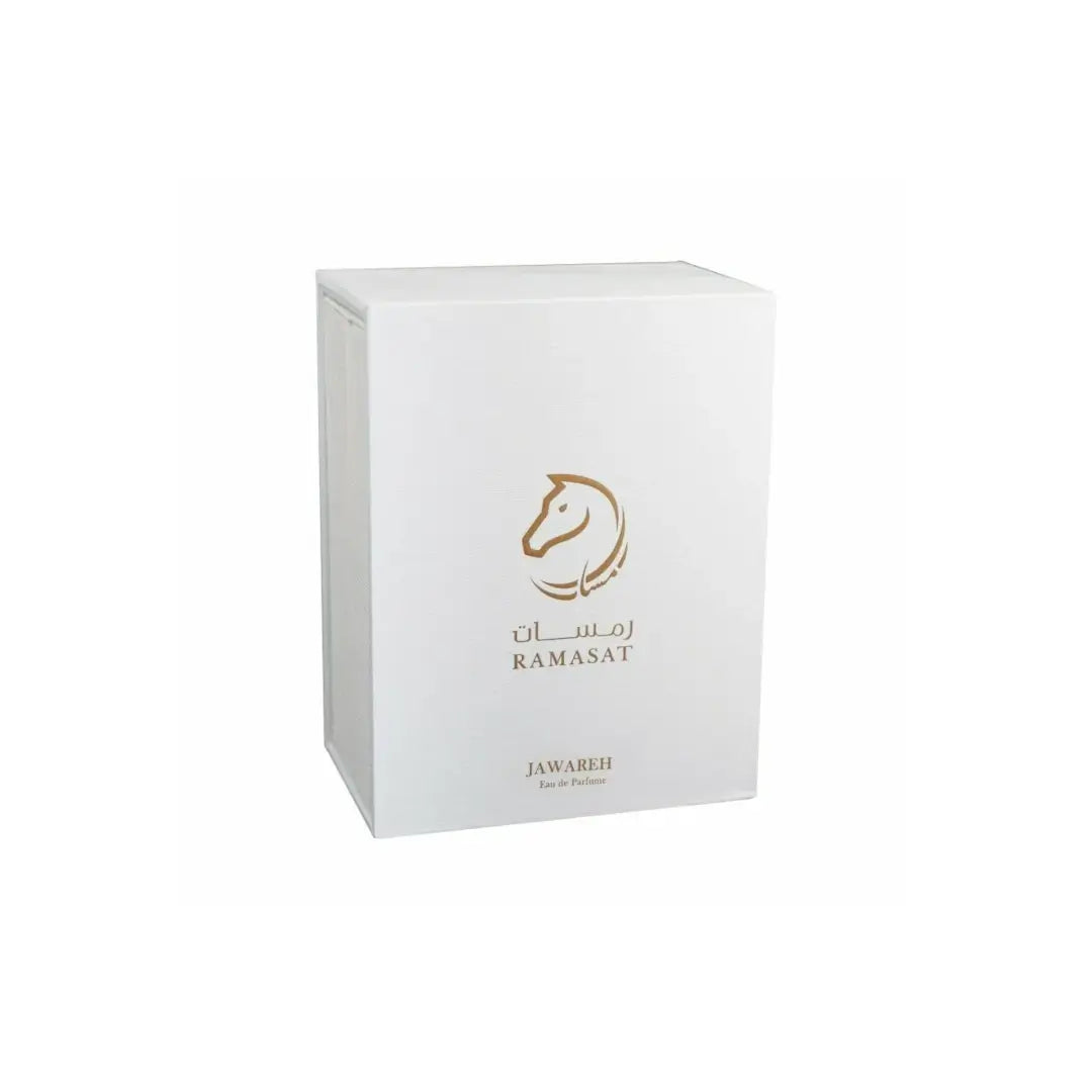'Jawareh' perfume in a white box with gold horse logo on a white background with 'Ramasat' branding