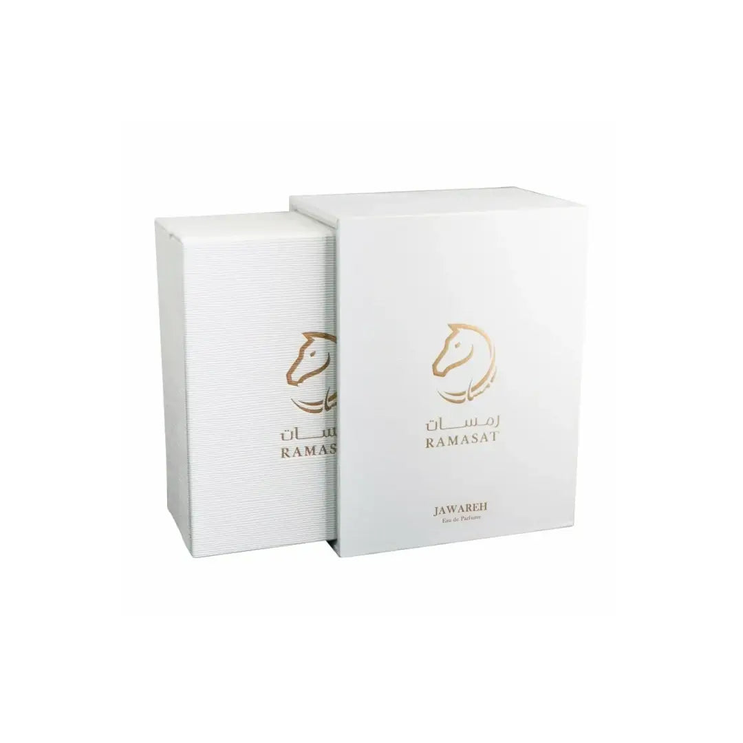 'Jawareh' perfume in a white box with gold horse logo on a white background with 'Ramasat' branding
