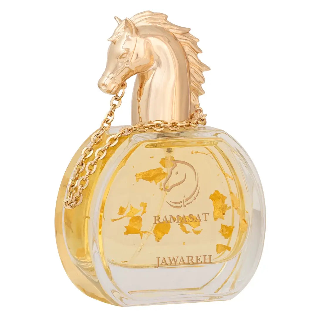 'Jawareh' Perfume bottle with gold horse design on a white background with 'Ramasat' branding