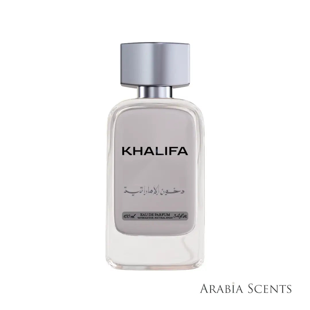 Perfume bottle labeled 'Khalifa' by Dkhoon Emirates featured on Arabía Scents on a white background