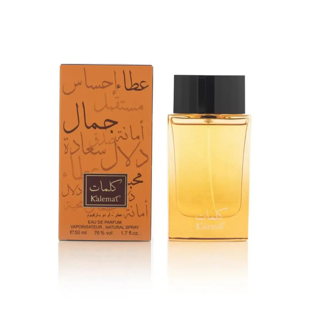 Perfume bottle and packaging with 'Kalemat 50 ml' on a white background by Arabian Oud