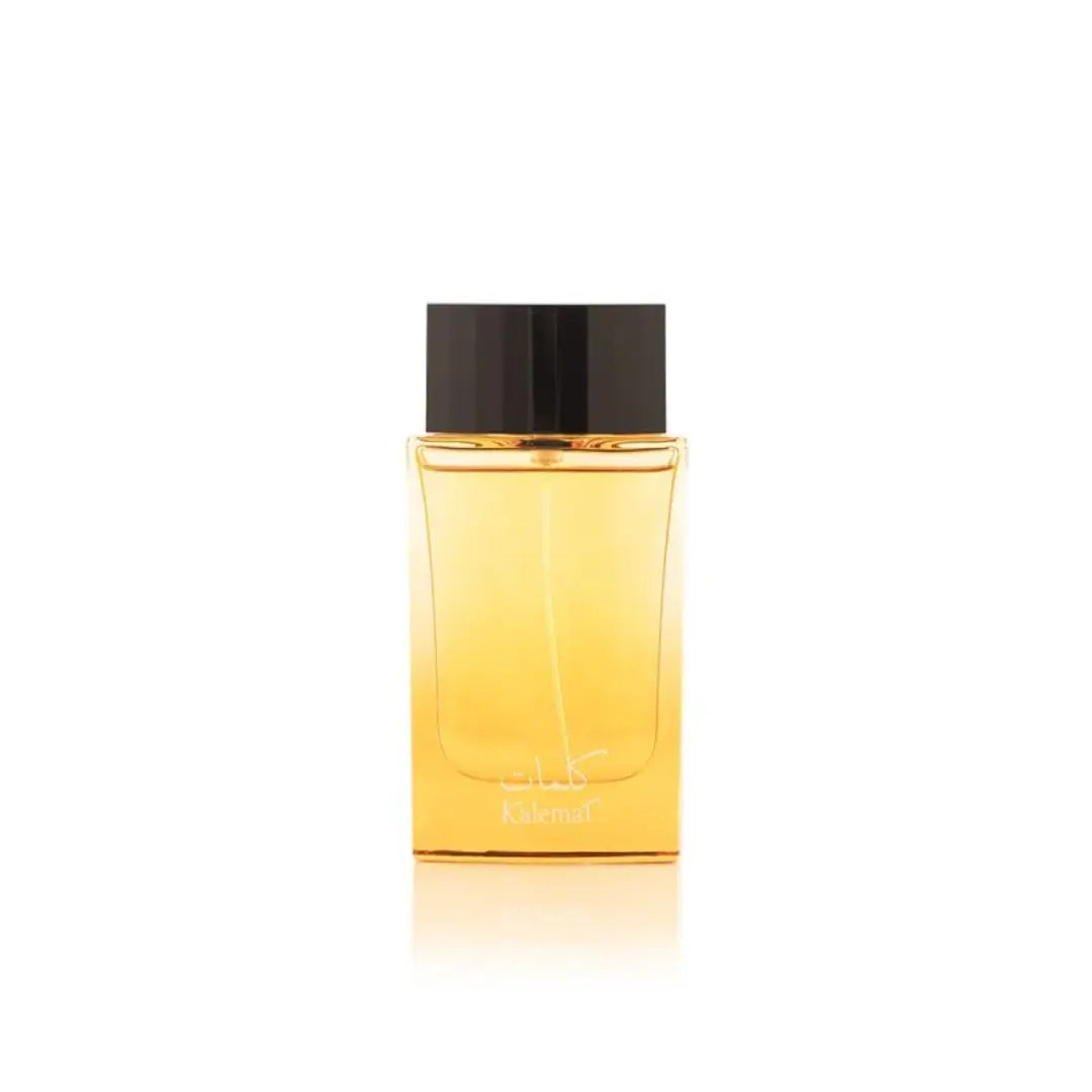 'Kalemat 50 ml' Perfume bottle with black cap and gold body on a white background branded Arabian Oud