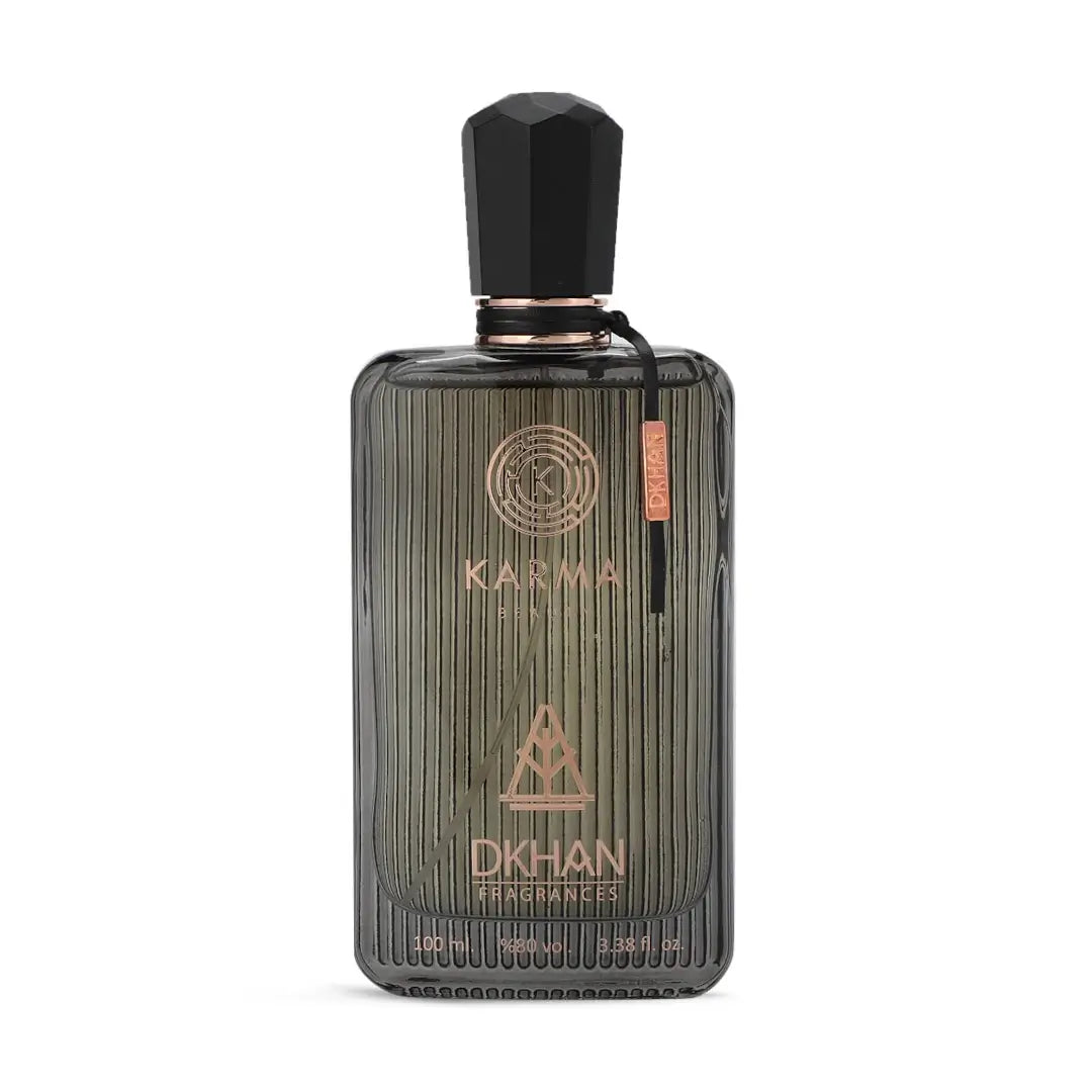 Perfume bottle labeled 'Karma' by Dkhan Fragrances on a white background