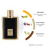 A perfume bottle labeled KARUS Gold Absolu on a white background, shown beside fragrance notes with small floral illustrations and curved color bands for top note, heart note, and base note featured on ArabiaScents