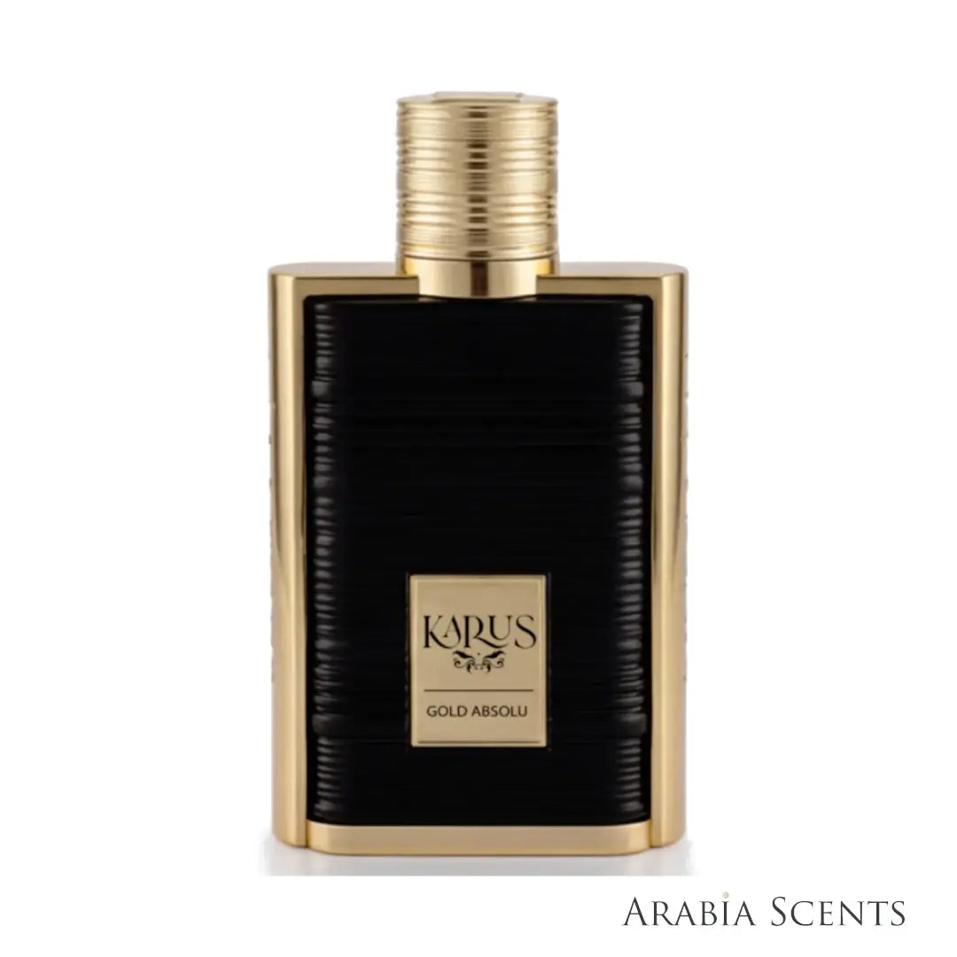 'Karus Gold Absolu' perfume with a black ribbed bottle and gold cap and trim, shown on a white background with branded Khadlaj and available on 'ARABIASCENTS'