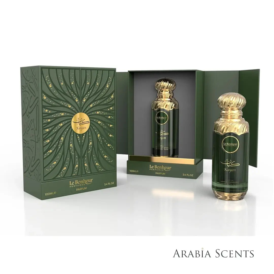 'Kayan' Perfume bottle and packaging with 'Le Bonheur' branding on a white background featured by ArabiaScents