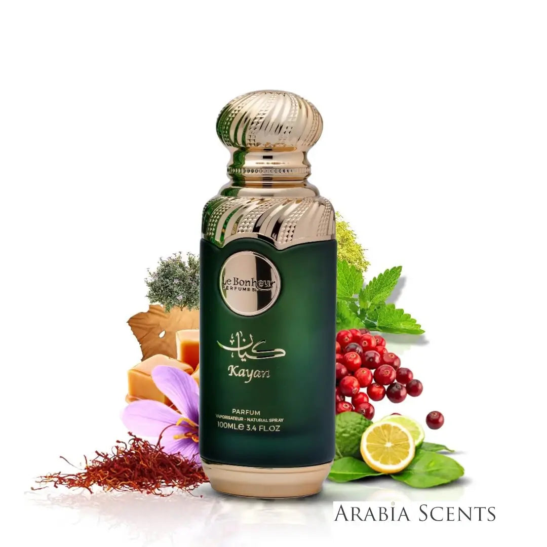 'Kayan' by Le Bonheur Perfume bottle with decorative elements featured on 'Arabia Scents'