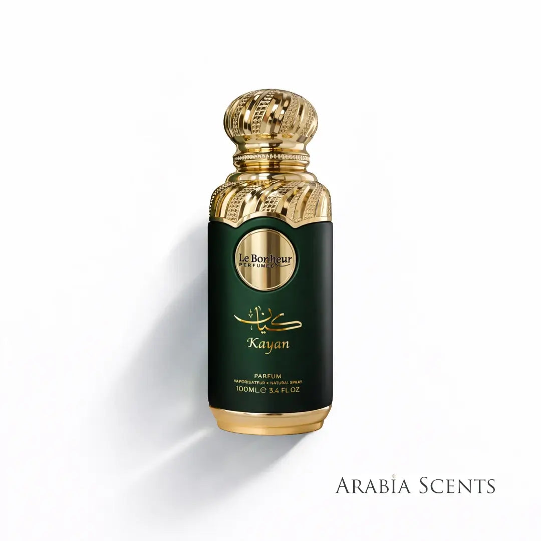 'Kayan' Perfume bottle with gold cap branded Le Bonheur on a white background, featured by brand 'Arabia Scents'.