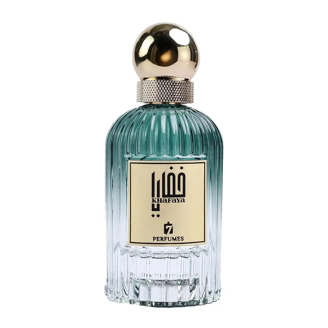 Khafaya EDP bottle with gold cap and clear glass body on a white background with 7 Perfumes branding