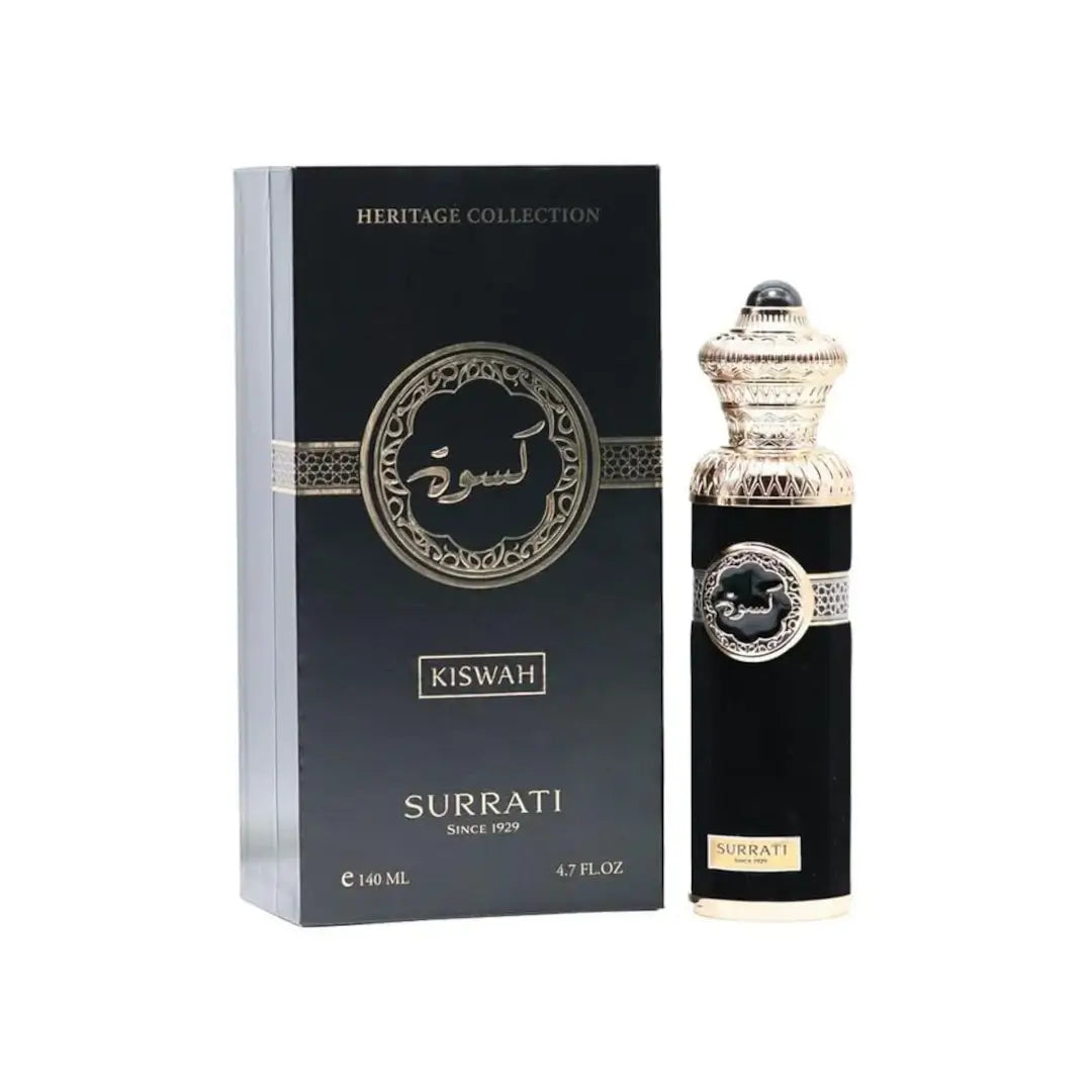 'Kiswah' perfume bottle & packaging on a white background with 'Surrati' branding