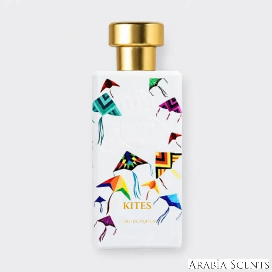 'Kites' perfume bottle on a white background with 'Al Jazeera' branding featured by 'Arabiascents'