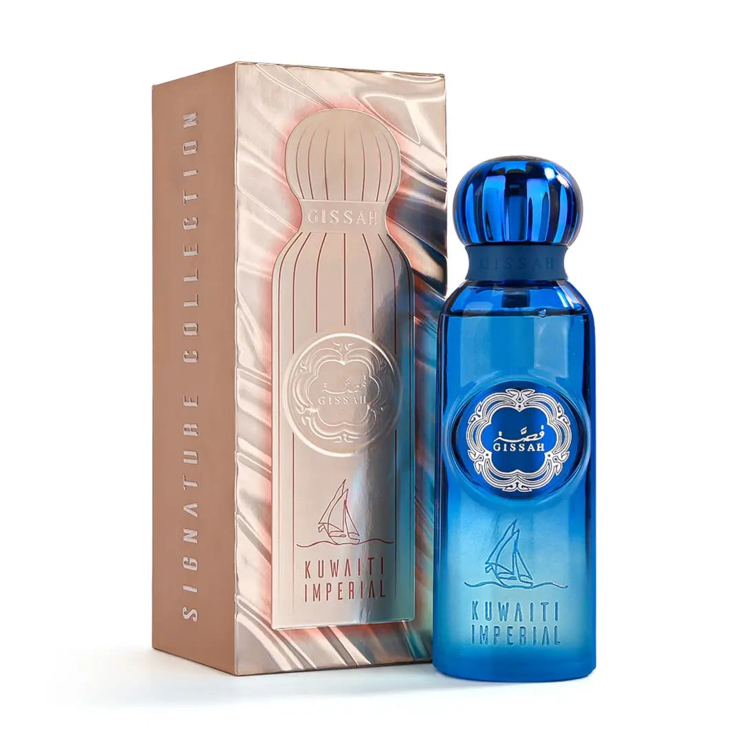 Kuwaiti Imperial Blue perfume bottle with packaging on a white background with Gissah branding