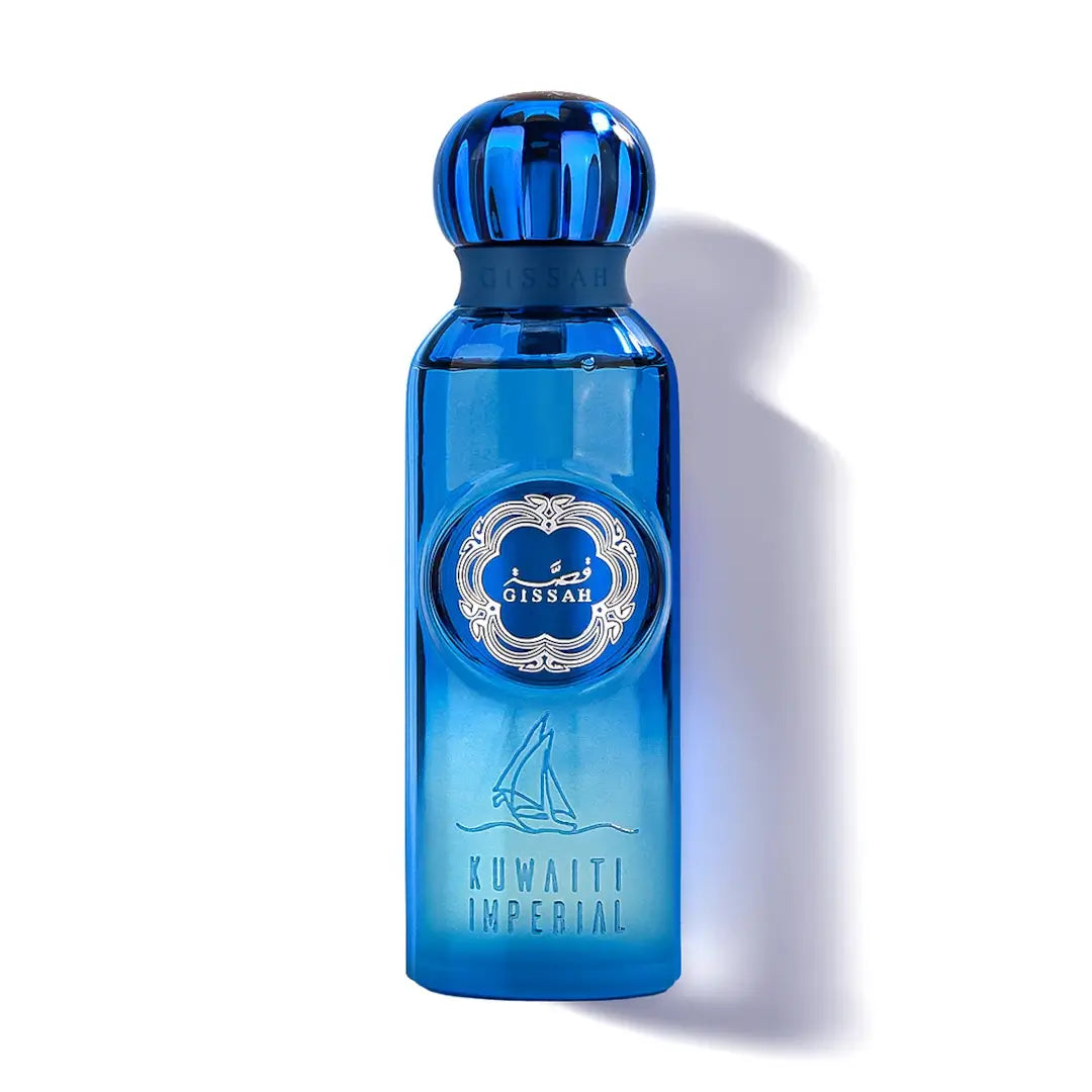 Kuwaiti Imperial EDP Blue perfume bottle with 'Gissah' branding on a white background