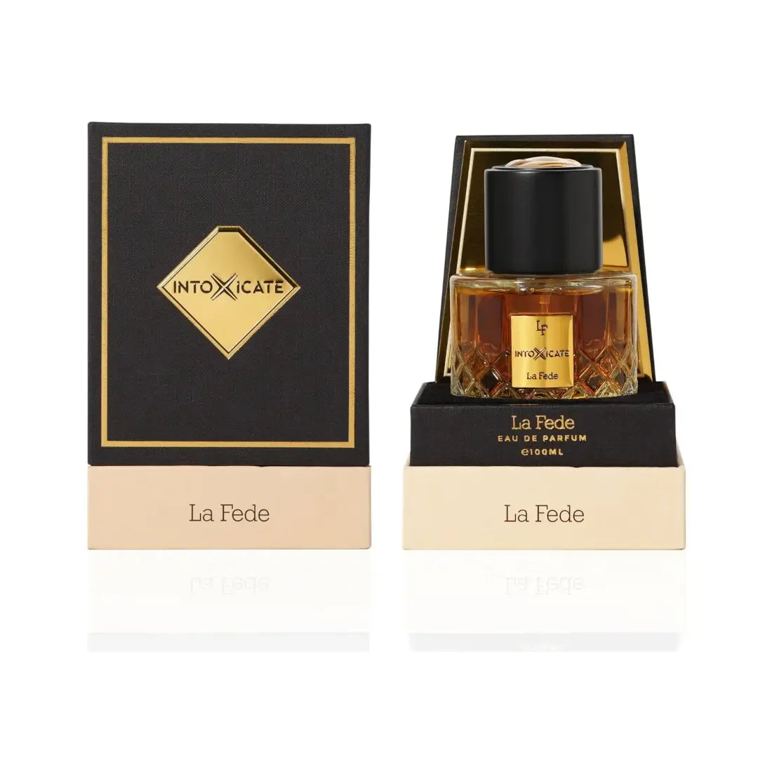 'La fede intoxicate' perfume bottle with packaging in a white background with 'Khadlaj' branding