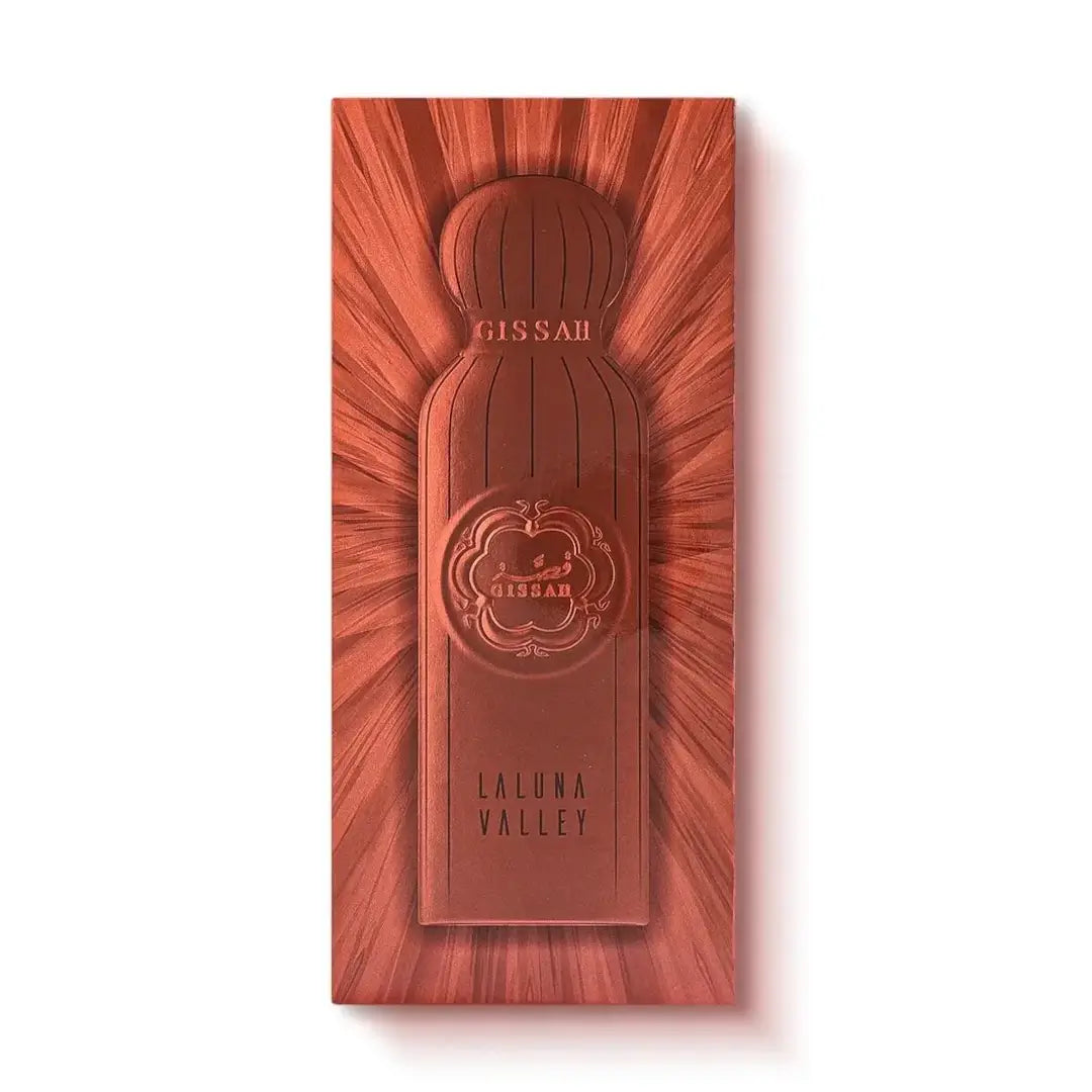 Perfume box with 'Gissah La Luna Valley' branding on a white background