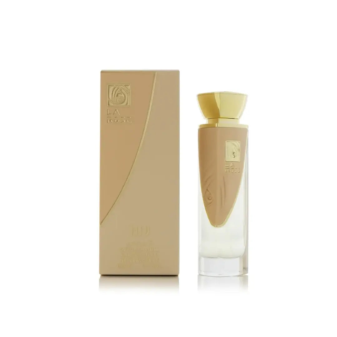 'La Rose' Perfume bottle and packaging with a beige color scheme on a white background with Arabian Oud branding