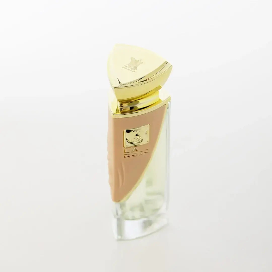 'La Rose' Perfume bottle with gold cap on a white background branded Arabian Oud