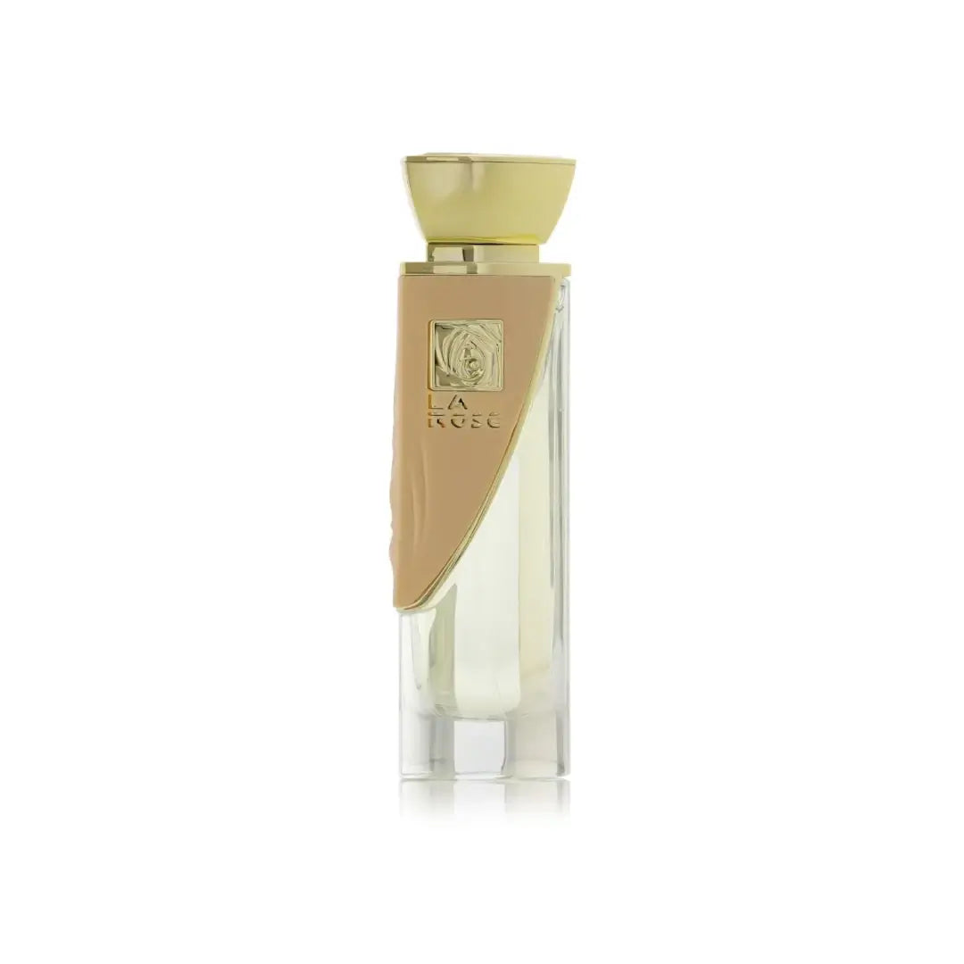 'La Rose' Perfume bottle with gold cap and beige label on a white background with Arabian Oud branding