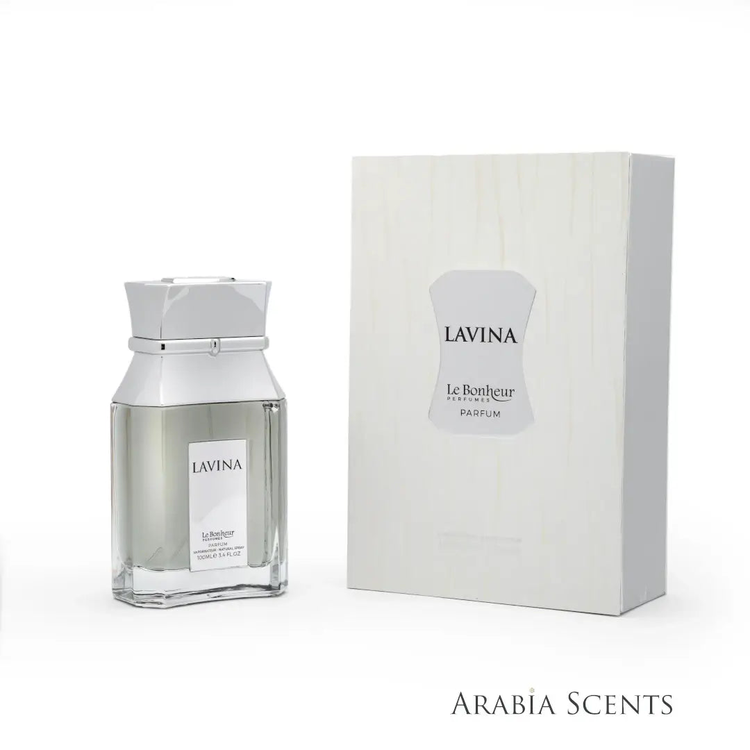 Lavina perfume bottle and packaging on a white background with Le Bonheur branding featured by ArabiaScents
