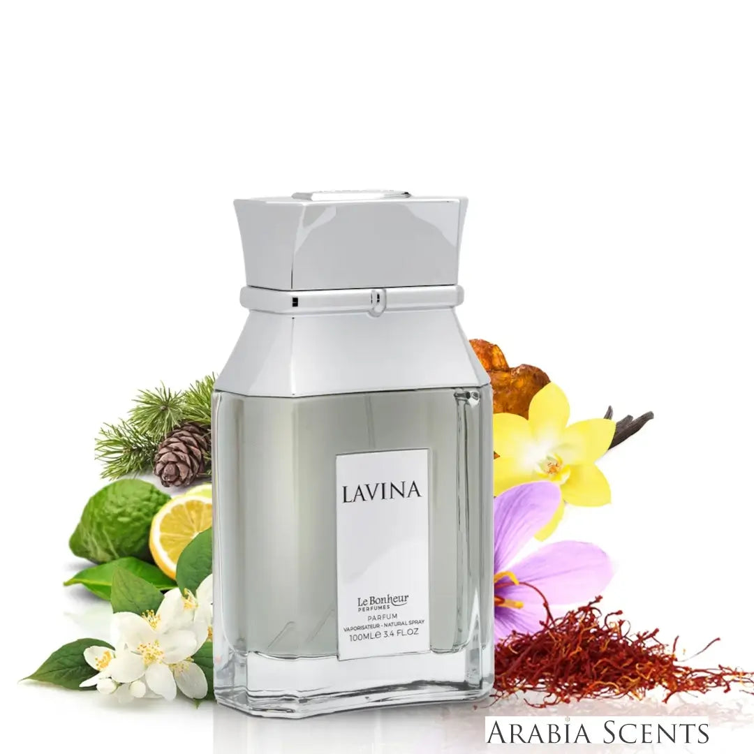 Lavina perfume bottle with floral and natural elements branded Le Bonheur on a white background featured by ArabiaScents