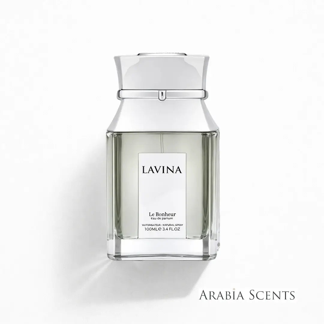 'LAVINA' clear perfume bottle with Le Bonheur branding on a white background featured by  'ARABIA SCENTS'