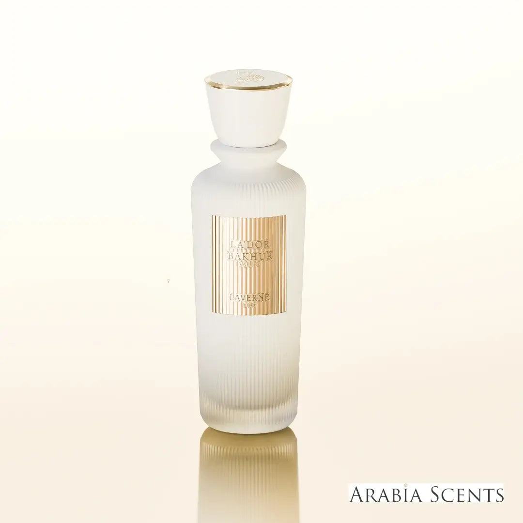 'Lador Bakhur Valley' perfume bottle on a white background with 'Laverne' branding featured by 'Arabiascents'