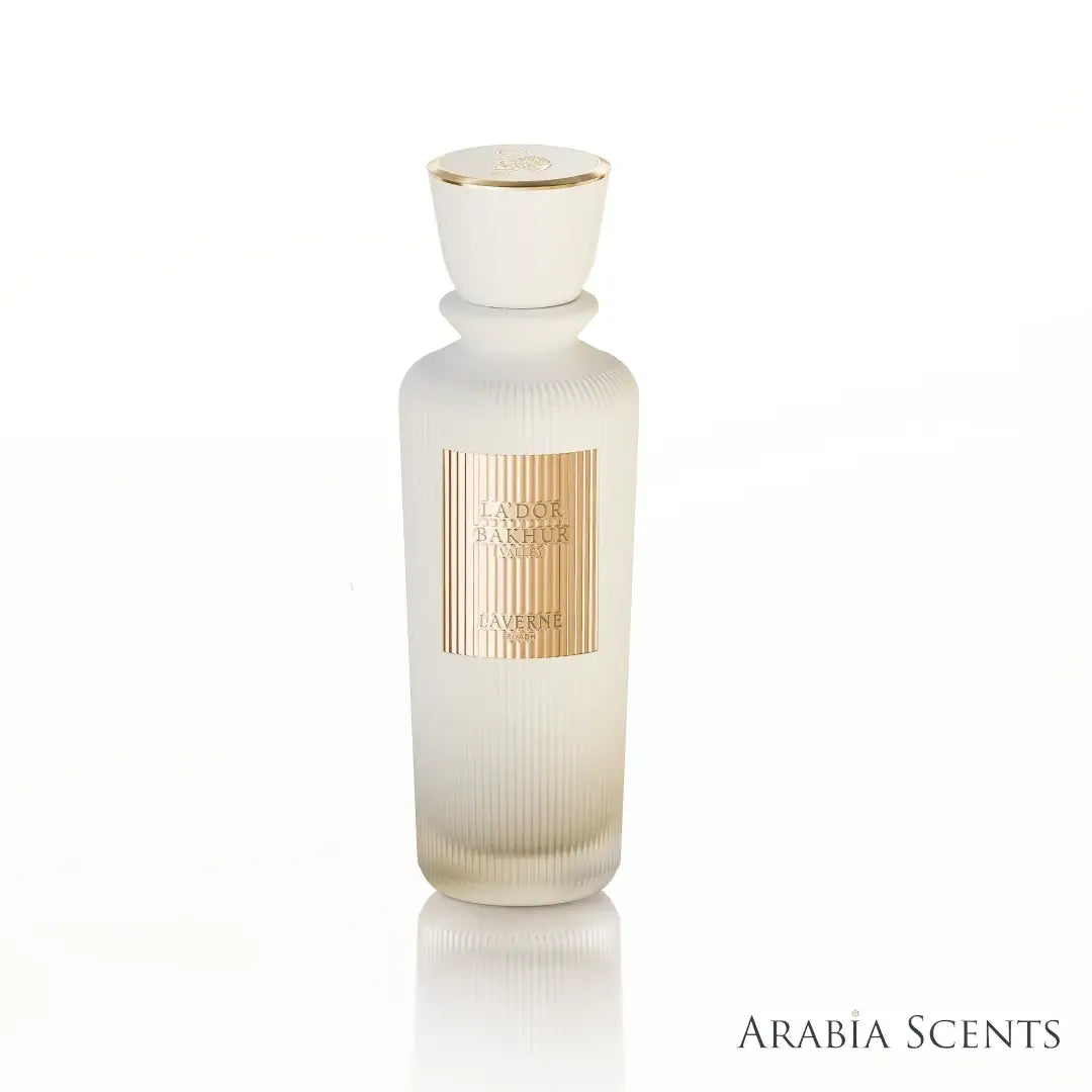 'Lador Bakhur Valley' perfume bottle on a white background with 'Laverne' branding featured by 'Arabiascents'