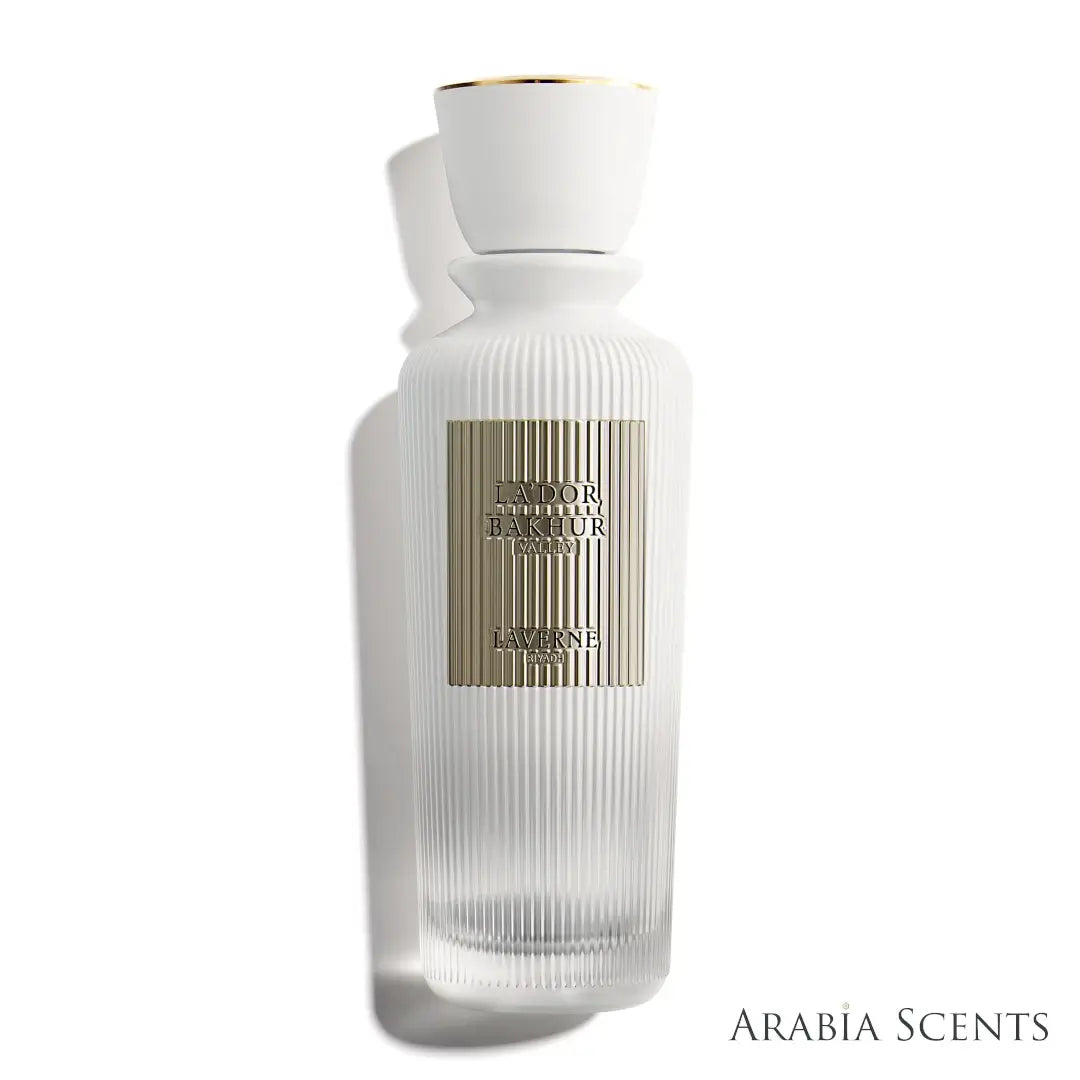 'Lador Bakhur Valley' perfume bottle on a white background with 'Laverne' branding featured by 'Arabiascents'