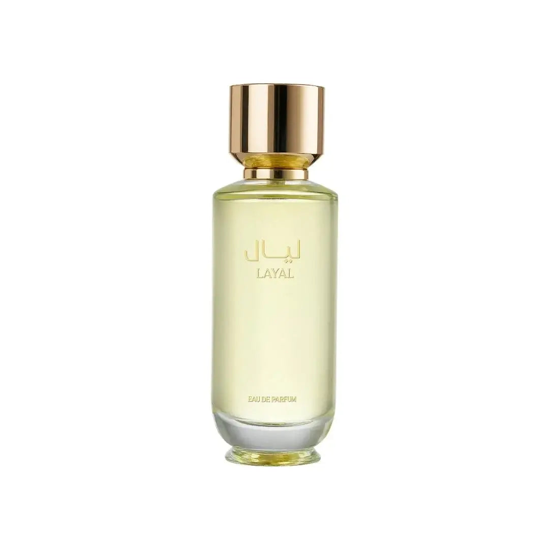 'Layal' Perfume bottle with gold cap and label on a white background with Al Majed Oud branding