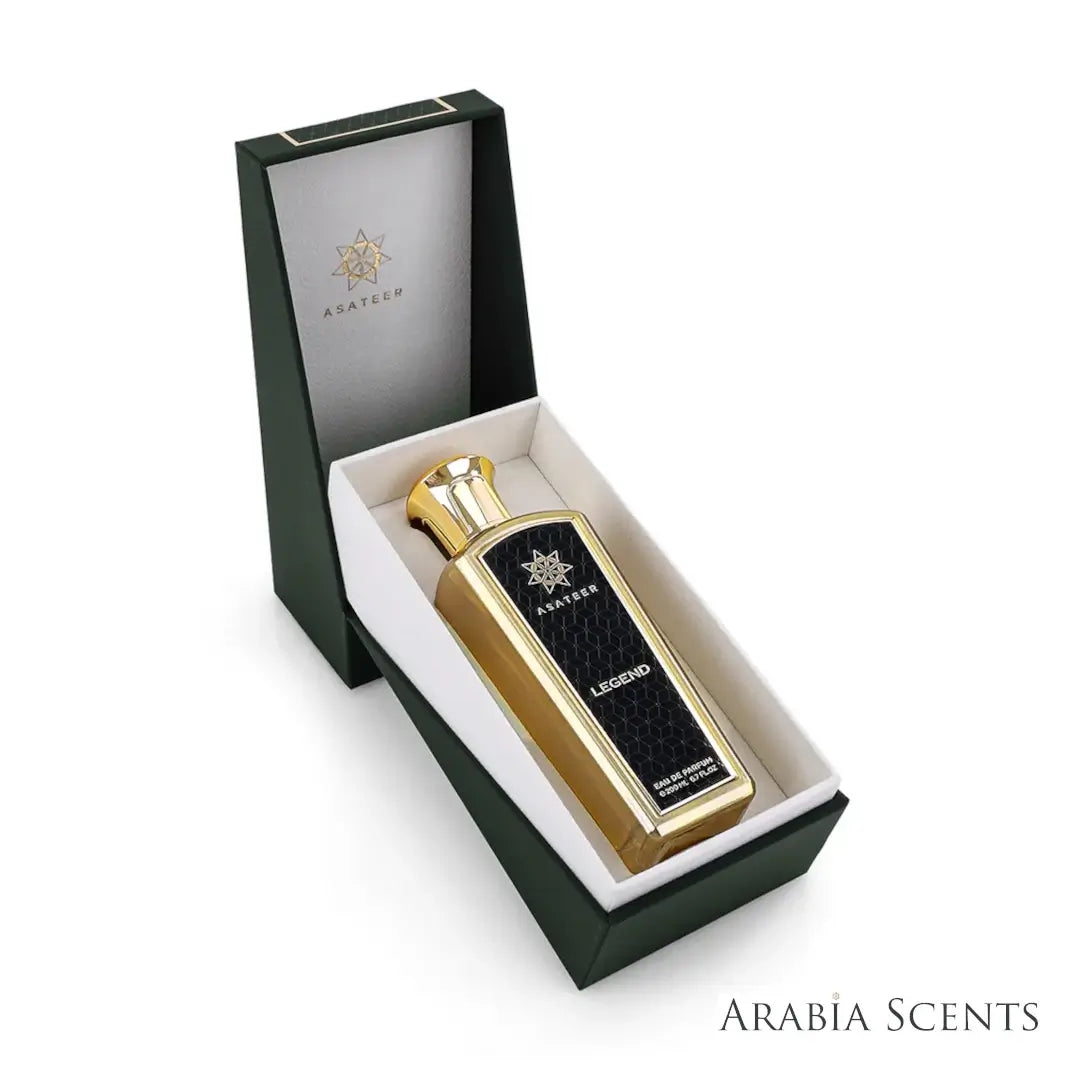 'Legend Black' perfume bottle & packaging on a white background with 'Asateer' branding featured by 'Arabiascents'