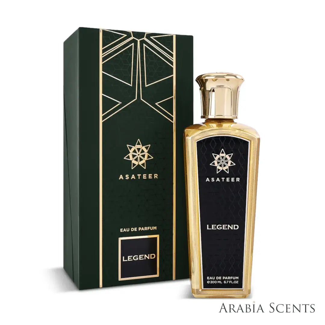 'Legend Black' perfume bottle & packaging on a white background with 'Asateer' branding featured by 'Arabiascents'