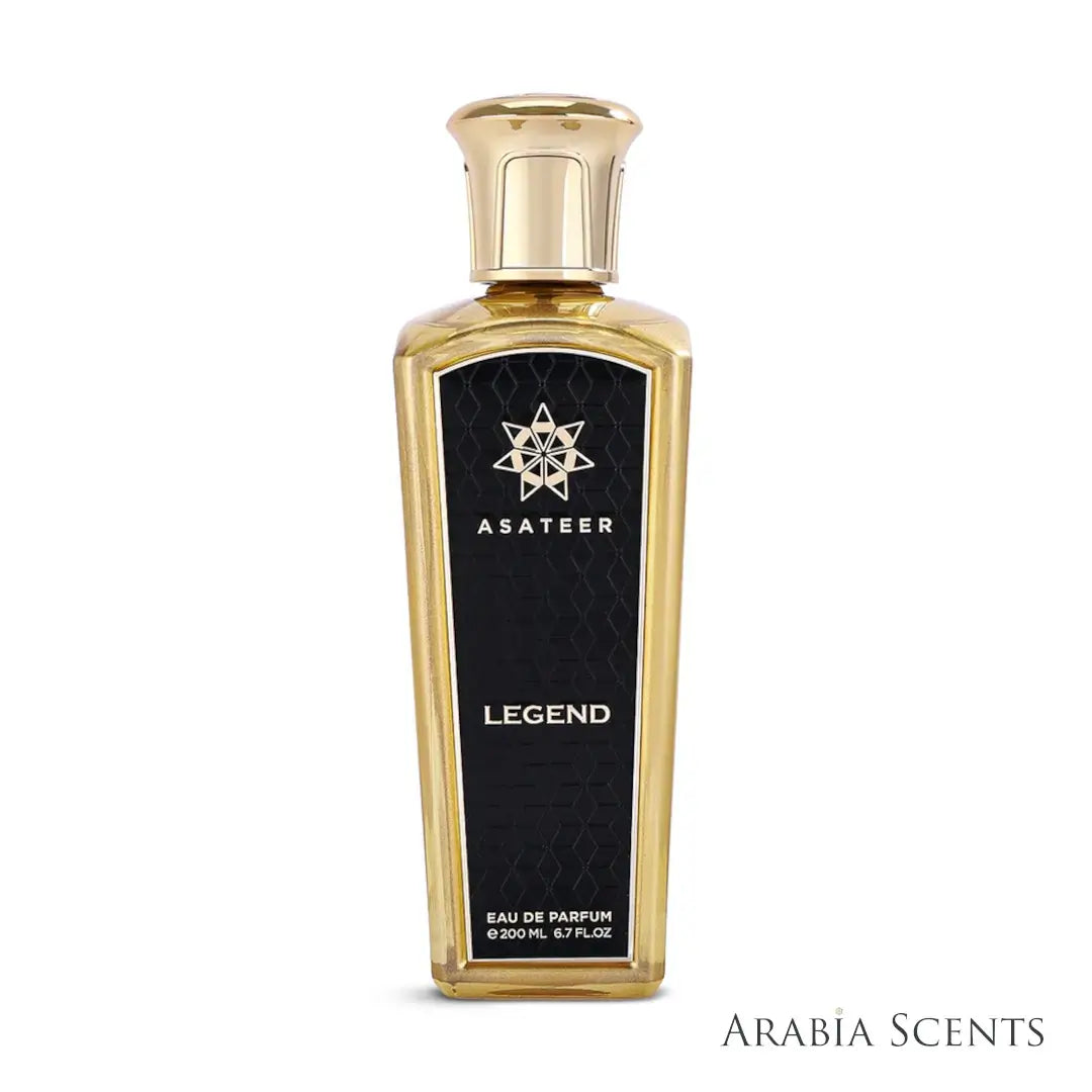 'Legend Black' perfume bottle on a white background with 'Asateer' branding featured by 'Arabiascents'