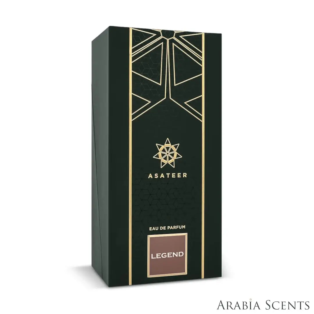 'Legend Brown' perfume packaging on a white background with 'Asateer' branding featured by 'Arabiascents'