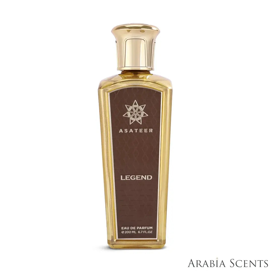 'Legend Brown' perfume bottle on a white background with 'Asateer' branding featured by 'Arabiascents'
